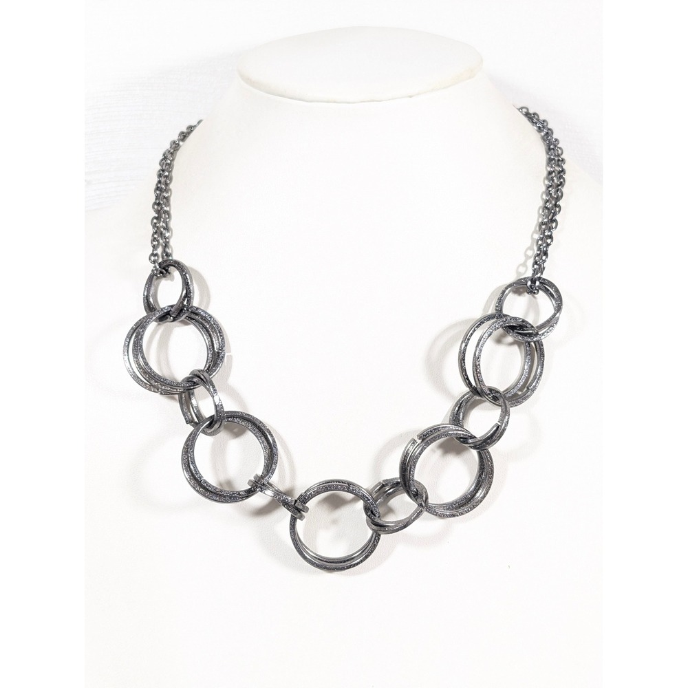 Gunmetal Chain Necklace Interlocking Rings Chunky Statement 20" Modern Layered